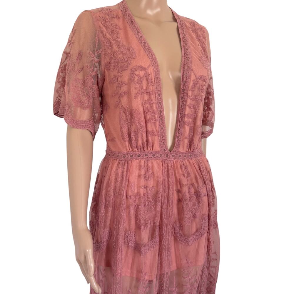 Honey Punch Burnt Coral Lace Maxi Romper Dress L Boho Festival Resort Cover Up - Picture 4 of 10